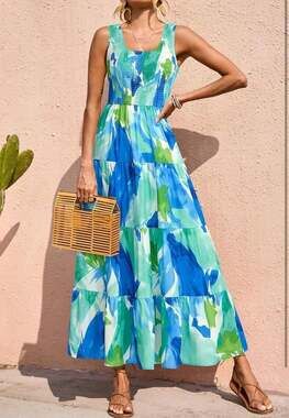 Blue and Green Abstract Print Smocked Tiered Maxi 2026 Dress Sz M